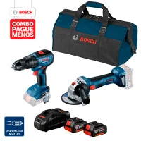 Combo Pague Menos Bosch 18V - Parafusadeira e Furadeira de Impacto de ½" Bosch GSB 18V-50, 18V + Esmerilhadeira Bosch a bateria GWS 180-LI 18V, Motor sem escovas de carvão, . com 2 baterias 18V 4,0Ah 1 carregador rápido 127V GAL 1880 CV e 1 bolsa