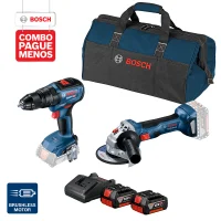 Combo Pague Menos Bosch 18V - Parafusadeira e Furadeira de Impacto de ½" Bosch GSB 18V-50, 18V + Esmerilhadeira Bosch a bateria GWS 180-LI 18V, Motor sem escovas de carvão, . com 2 baterias 18V 4,0Ah 1 carregador BIVOLT GAL 18V-20 e 1 bolsa de transporte