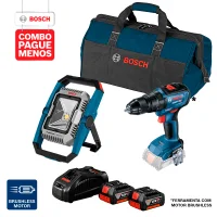 Combo Pague Menos Bosch 18V - Parafusadeira e Furadeira de Impacto de ½" Bosch GSB 18V-50, 18V + Lanterna a Bateria Bosch GLI 18V-1900,18V, com 1900 Lúmens, com 2 baterias 18V 4,0Ah 1 carregador rápido 127V GAL 1880 CV e 1 bolsa de transporte