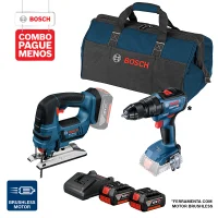 Combo Pague Menos Bosch 18V - Parafusadeira e Furadeira de Impacto de ½" Bosch GSB 18V-50, 18V + Serra Tico-Tico a Bateria Bosch GST 18V-LI, 18V, com 2 baterias 18V 4,0Ah 1 carregador BIVOLT GAL 18V-20 e 1 bolsa de transporte