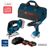 Combo Pague Menos Bosch 18V - Parafusadeira e Furadeira de Impacto de ½" Bosch GSB 18V-50, 18V + Serra Tico-Tico a Bateria Bosch GST 18V-LI, 18V, com 2 baterias 18V 4,0Ah 1 carregador rápido 220V GAL 1880 CV e 1 bolsa de transporte