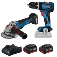 Combo Pague Menos Bosch 18V - Parafusadeira Furadeira Impacto Bateria 1/2" + Esmerilhadeira Angular 5" + 2 Baterias 18V 4ah e Carregador Bivolt BOSCH