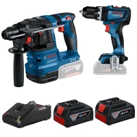 Combo Pague Menos Bosch 18V - Parafusadeira Furadeira Impacto Bateria 1/2" + Martelete Perfurador Rompedor SDS-PLUS + 2 Baterias 18V 4ah e Carregador Bivolt BOSCH