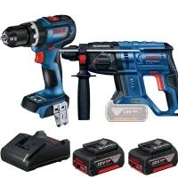 Combo Pague Menos Bosch 18V - Parafusadeira Furadeira Impacto Bateria 1/2" + Martelete Perfurador Rompedor SDS-PLUS + 2 Baterias 18V 4ah e Carregador Bivolt BOSCH