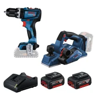 Combo Pague Menos Bosch 18V - Parafusadeira Furadeira Impacto Bateria 1/2"+Plaina 82mm+2 Baterias 18V 4ah e Carregador Bivolt BOSCH