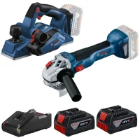 Combo Pague Menos Bosch 18V - Plaina 82mm + Esmerilhadeira 5" + 2 Baterias 18V 4ah e Carregador Bivolt BOSCH