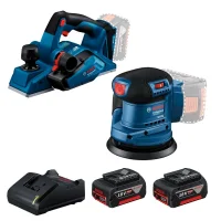 Combo Pague Menos Bosch 18V - Plaina 82mm + Lixadeira Roto Orbital 5"-125mm + 2 Baterias 18V 4ah e Carregador Bivolt BOSCH