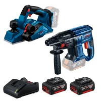 Combo Pague Menos Bosch 18V - Plaina 82mm + Martelete Perfurador Rompedor SDS-PLUS + 2 Baterias 18V 4ah e Carregador Bivolt BOSCH