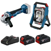 Combo Pague Menos Bosch 18V - Refletor de Led 2200 Lumens + Esmerilhadeira Angular 5" + 2 Baterias 18V 4ah e Carregador Bivolt BOSCH