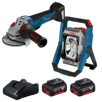 Combo Pague Menos Bosch 18V - Refletor de Led 2200 Lumens + Esmerilhadeira Angular 5" + 2 Baterias 18V 4ah e Carregador Bivolt BOSCH