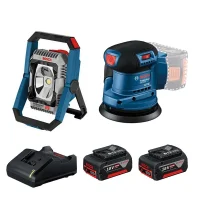 Combo Pague Menos Bosch 18V - Refletor de Led 2200 Lumens + Lixadeira Roto Orbital 5"-125mm + 2 Baterias 18V 4ah e Carregador Bivolt BOSCH