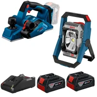 Combo Pague Menos Bosch 18V - Refletor de Led 2200 Lumens + Plaina 82mm + 2 Baterias 18V 4ah e Carregador Bivolt BOSCH