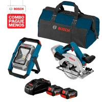Combo Pague Menos Bosch 18V - Serra Circular a Bateria Bosch GKS 18V-57, 18V + Lanterna a Bateria Bosch GLI 18V-1900,18V, com 1900 Lúmens, com 2 baterias 18V 4,0Ah 1 carregador rápido 127V GAL 1880 CV e 1 bolsa de transporte