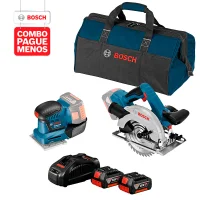 Combo Pague Menos Bosch 18V - Serra Circular a Bateria Bosch GKS 18V-57, 18V + Lixadeira a Bateria Bosch GSS 18V-10, 18V, com 2 baterias 18V 4,0Ah 1 carregador rápido 127V GAL 1880 CV e 1 bolsa de transporte