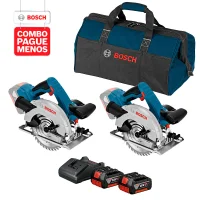 Combo Pague Menos Bosch 18V - Serra Circular a Bateria Bosch GKS 18V-57, 18V + Serra Circular a Bateria Bosch GKS 18V-57, 18V, com 2 baterias 18V 4,0Ah 1 carregador BIVOLT GAL 18V-20 e 1 bolsa de transporte
