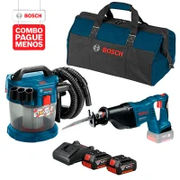 Combo Pague Menos Bosch 18V - Serra Sabre a Bateria Bosch GSA 18V-LI,18V + Aspirador de Pó a Bateria Bosch GAS 18V-10 L,18V, com 2 baterias 18V 4,0Ah 1 carregador BIVOLT GAL 18V-20 e 1 bolsa de transporte