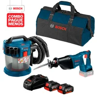 Combo Pague Menos Bosch 18V - Serra Sabre a Bateria Bosch GSA 18V-LI,18V + Aspirador de Pó a Bateria Bosch GAS 18V-10 L,18V, com 2 baterias 18V 4,0Ah 1 carregador rápido 220V GAL 1880 CV e 1 bolsa de transporte