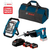 Combo Pague Menos Bosch 18V - Serra Sabre a Bateria Bosch GSA 18V-LI,18V + Lanterna a Bateria Bosch GLI 18V-1900,18V, com 1900 Lúmens, com 2 baterias 18V 4,0Ah 1 carregador rápido 220V GAL 1880 CV e 1 bolsa de transporte