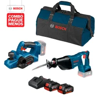 Combo Pague Menos Bosch 18V - Serra Sabre a Bateria Bosch GSA 18V-LI,18V + Plaina Bosch a Bateria GHO 18V-LI, 18V, em Maletacom 2 baterias 18V 4,0Ah 1 carregador BIVOLT GAL 18V-20 e 1 bolsa de transporte
