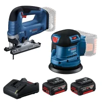 Combo Pague Menos Bosch 18V - Serra Tico-Tico 125mm + Lixadeira Roto Orbital 5"-125mm + 2 Baterias 18V 4ah e Carregador Bivolt BOSCH