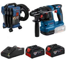Combo Pague Menos Bosch 18V - Aspirador de Pó 10L + Martelete Perfurador Rompedor SDS-PLUS + 2 Baterias 18V 4ah e Carregador Bivolt BOSCH