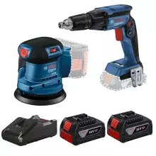 Combo Pague Menos Bosch 18V - Parafusadeira de Gesso e Drywall 1/4"+Lixadeira Roto Orbital 5"-125mm+2 Baterias 18V 4ah e Carregador Bivolt BOSCH