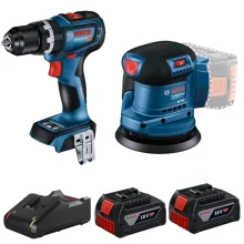 Combo Pague Menos Bosch 18V - Parafusadeira Furadeira Impacto Bateria 1/2" + Lixadeira Roto Orbital 5"-125mm + 2 Baterias 18V 4ah e Carregador Bivolt BOSCH