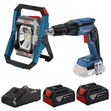 Combo Pague Menos Bosch 18V - Refletor de Led 2200 Lumens+Parafusadeira de Gesso e Drywall 1/4"+2 Baterias 18V 4ah e Carregador Bivolt BOSCH