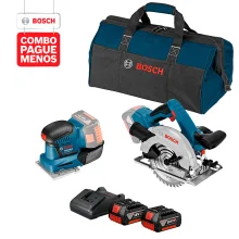 Combo Pague Menos Bosch 18V - Serra Circular a Bateria Bosch GKS 18V-57, 18V + Lixadeira a Bateria Bosch GSS 18V-10, 18V, com 2 baterias 18V 4,0Ah 1 carregador BIVOLT GAL 18V-20 e 1 bolsa de transporte