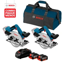 Combo Pague Menos Bosch 18V - Serra Circular a Bateria Bosch GKS 18V-57, 18V + Serra Circular a Bateria Bosch GKS 18V-57, 18V, com 2 baterias 18V 4,0Ah 1 carregador rápido 220V GAL 1880 CV e 1 bolsa de transporte