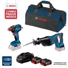 Combo Pague Menos Bosch 18V - Serra Sabre a Bateria Bosch GSA 18V-LI,18V + Chave de Impacto a Bateria de ¼ e ½" Bosch GDX 18V-200, 200Nm, 18V, em Maletacom 2 baterias 18V 4,0Ah 1 carregador rápido 127V GAL 1880 CV e 1 bolsa de transporte
