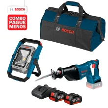 Combo Pague Menos Bosch 18V - Serra Sabre a Bateria Bosch GSA 18V-LI,18V + Lanterna a Bateria Bosch GLI 18V-1900,18V, com 1900 Lúmens, com 2 baterias 18V 4,0Ah 1 carregador rápido 127V GAL 1880 CV e 1 bolsa de transporte