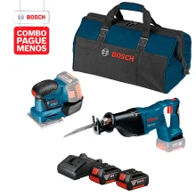 Combo Pague Menos Bosch 18V - Serra Sabre a Bateria Bosch GSA 18V-LI,18V + Lixadeira a Bateria Bosch GSS 18V-10, 18V, com 2 baterias 18V 4,0Ah 1 carregador BIVOLT GAL 18V-20 e 1 bolsa de transporte