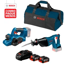 Combo Pague Menos Bosch 18V - Serra Sabre a Bateria Bosch GSA 18V-LI,18V + Plaina Bosch a Bateria GHO 18V-LI, 18V, em Maletacom 2 baterias 18V 4,0Ah 1 carregador rápido 220V GAL 1880 CV e 1 bolsa de transporte