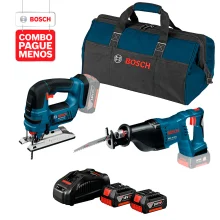 Combo Pague Menos Bosch 18V - Serra Sabre a Bateria Bosch GSA 18V-LI,18V + Serra Tico-Tico a Bateria Bosch GST 18V-LI, 18V, com 2 baterias 18V 4,0Ah 1 carregador rápido 220V GAL 1880 CV e 1 bolsa de transporte