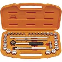 Jogo Soquete 3/8" Sextavao/Estriado 33pcs 28 Soquetes 5 Acessorios CRV 6A22MM 1/4"A7/8 Tramontina Pro 44819/233