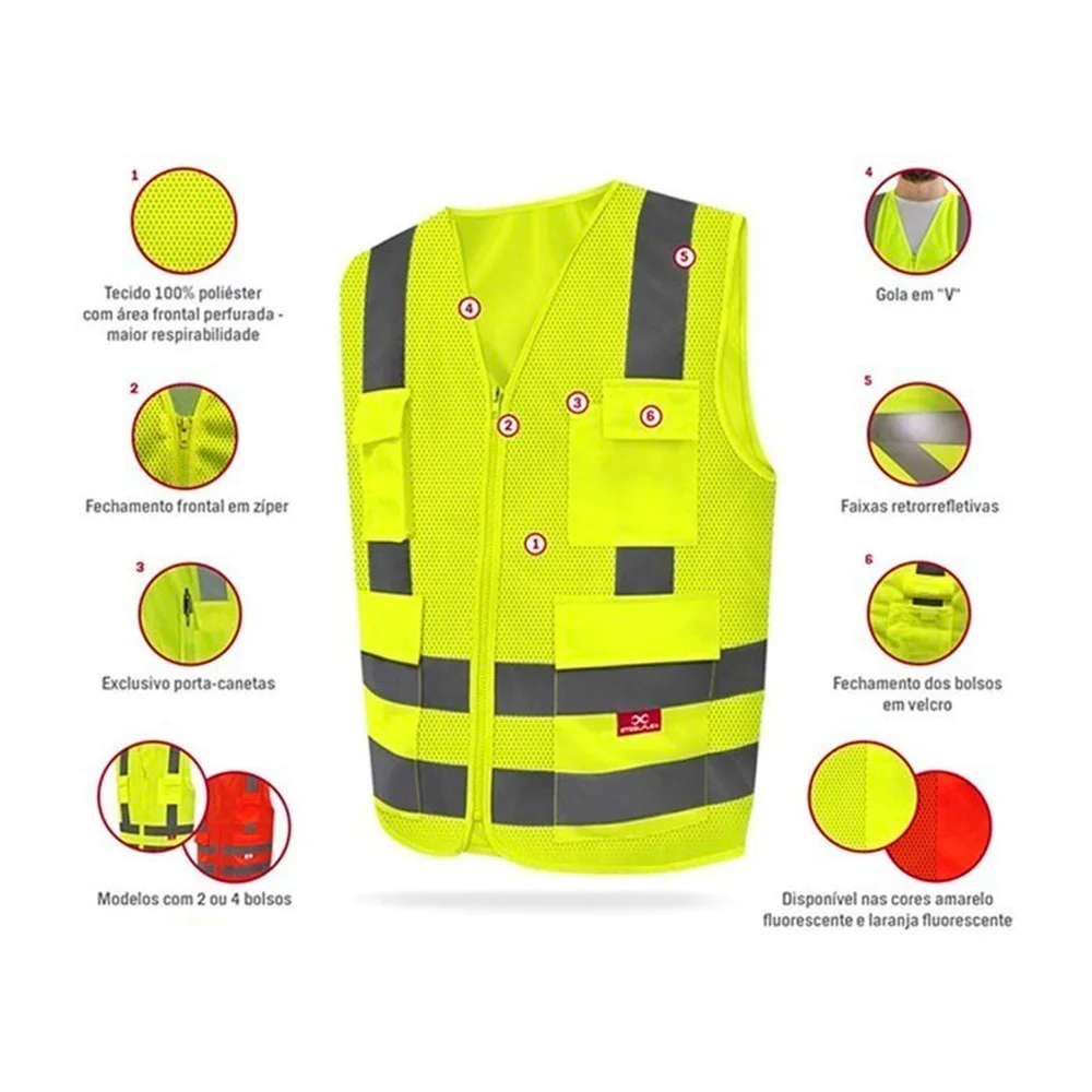 Colete Refletivo de Segurança Amarelo Fluorescente com 4 Bolsos Alta Visibilidade