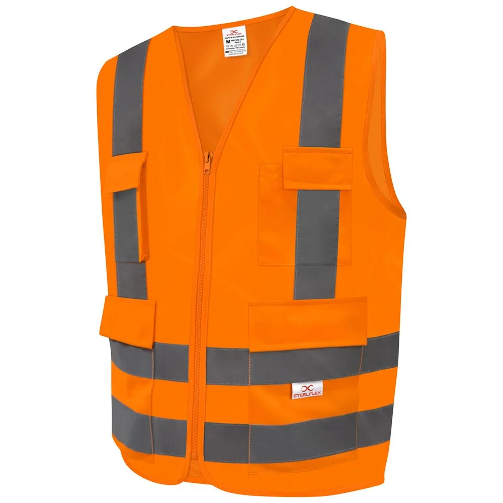 Colete Refletivo Laranja Fluorescente 4 Bolsos Alta Visibilidade Steelflex