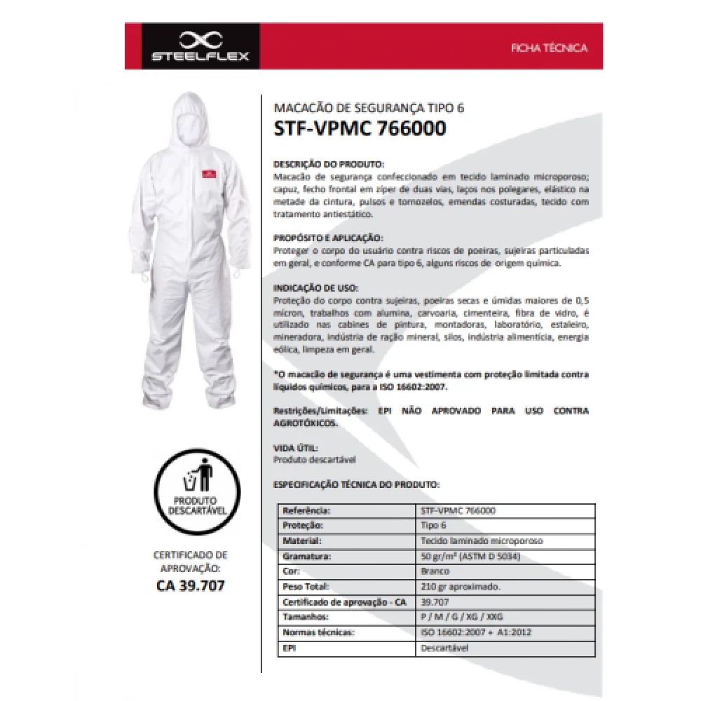 Macacão de Proteção Tyvek Branco Ca 39707 Steelflex