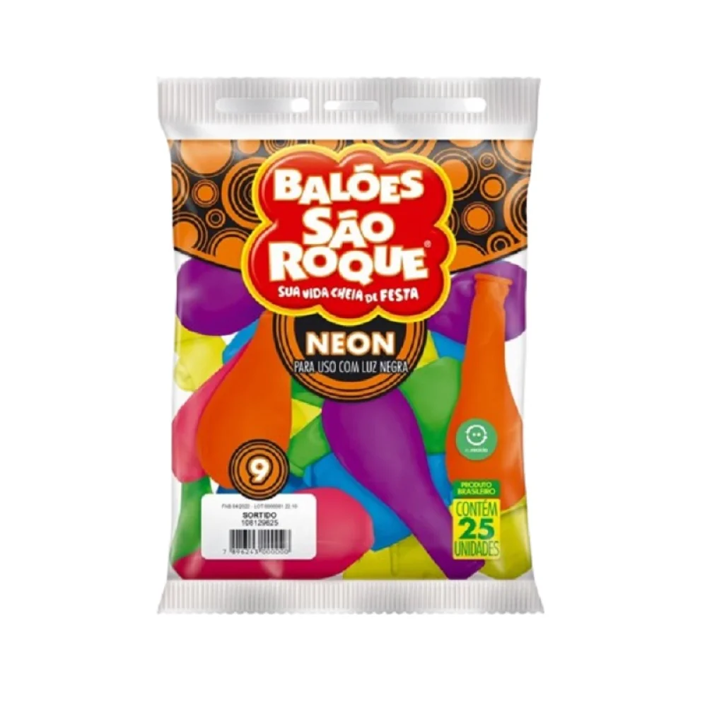 BALÃO Nº 9 LISO C/ 25 UN NEON SORTIDOS SÃO ROQUE