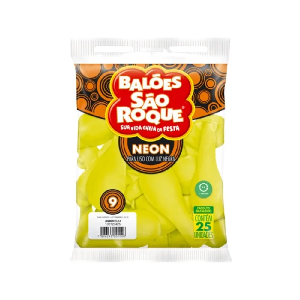 BALÃO Nº 9 LISO C/ 25 UN NEON AMARELO SÃO ROQUE