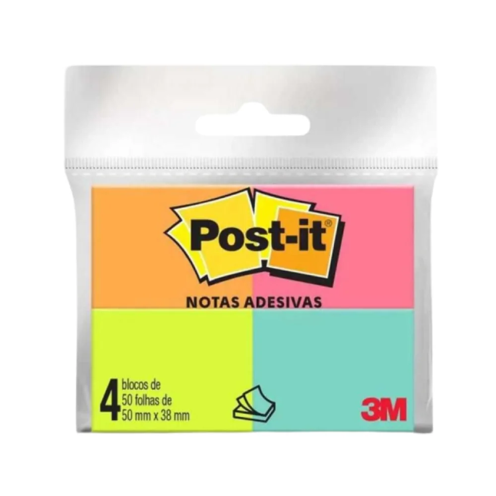 BLOCO ADESIVO 38 X 50 MM C/ 50 FLS 4 CORES NEON 653 POST-IT 3M