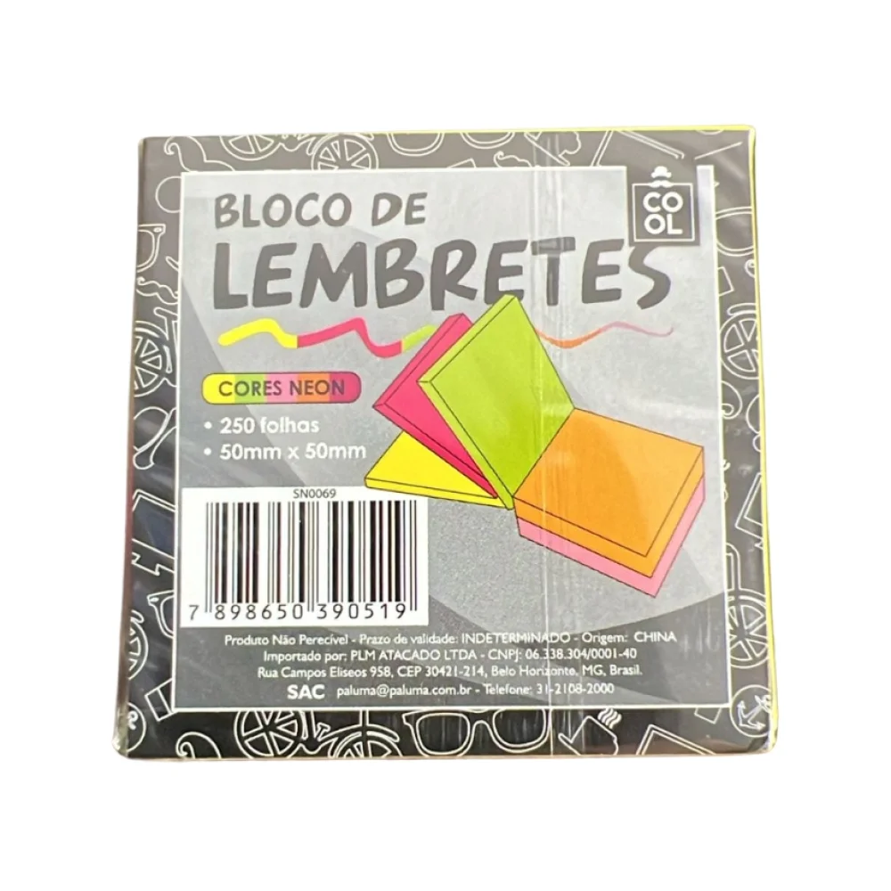 BLOCO ADESIVO 50 X 50 MM C/ 250 FLS 5 CORES NEON COOL