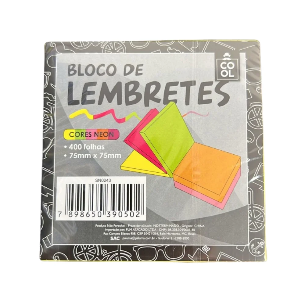 BLOCO ADESIVO 75 X 75 MM C/ 400 FLS 5 CORES NEON COOL