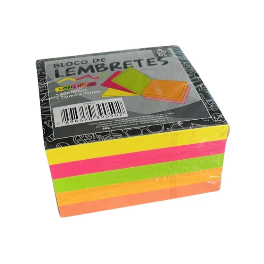BLOCO ADESIVO 75 X 75 MM C/ 400 FLS 5 CORES NEON COOL