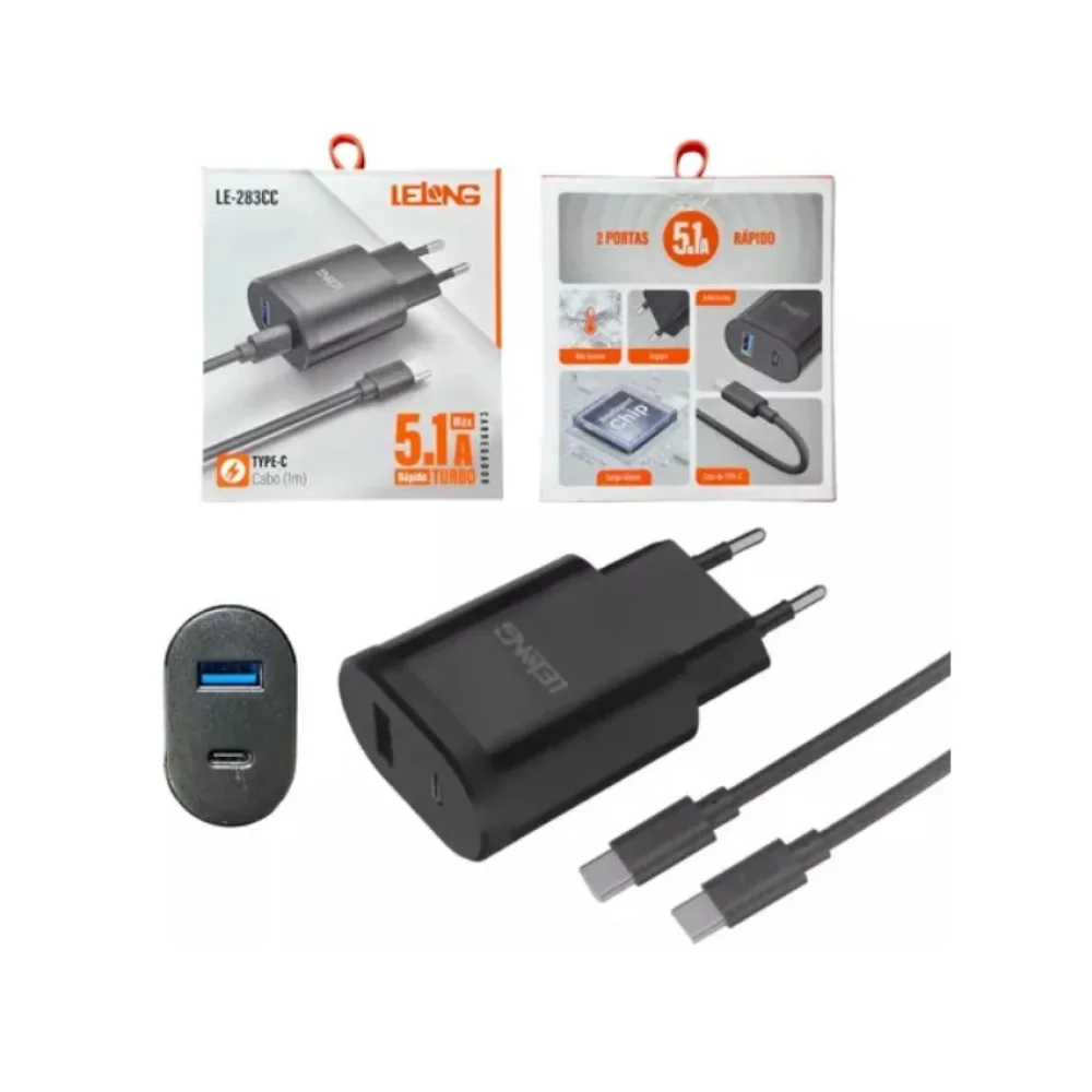 CARREGADOR P/ CELULAR ENERGIA 2 PORTAS USB/TIPO (C) LE-283 LELONG