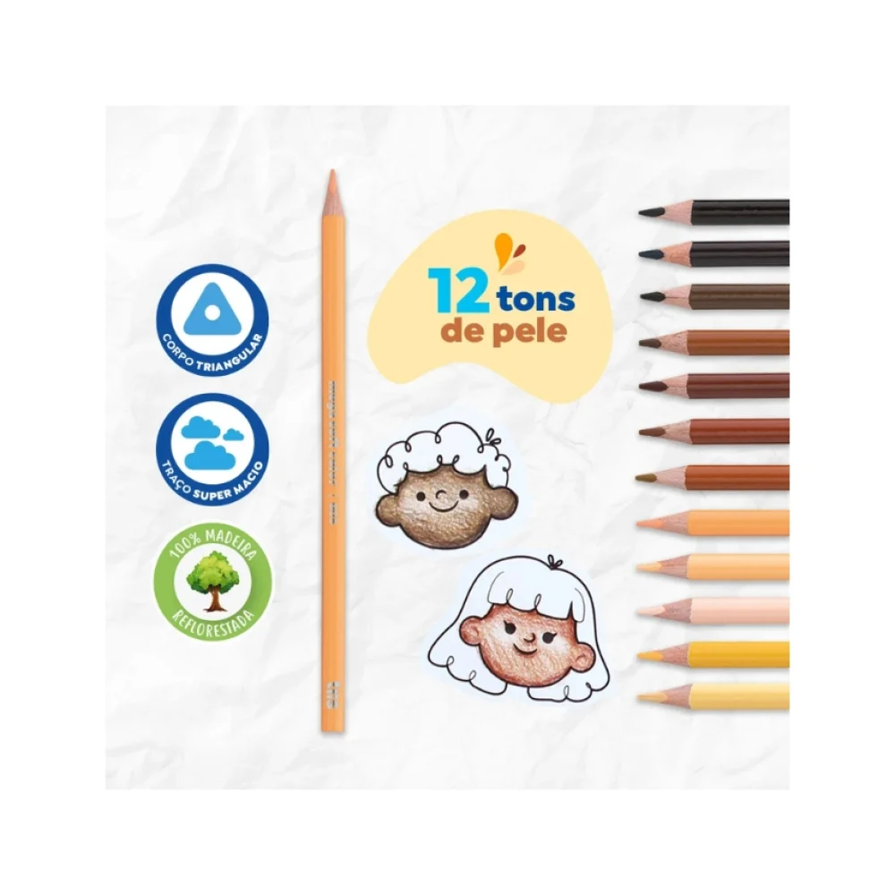 LÁPIS DE COR 12 CORES MEGA SOFT TONS DE PELE 687735 TRIS