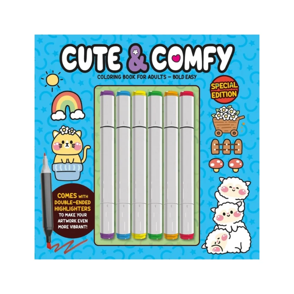LIVRO INFANTIL PARA COLORIR CUTE E COMFY CP AZUL C/ 6 CANETINHAS