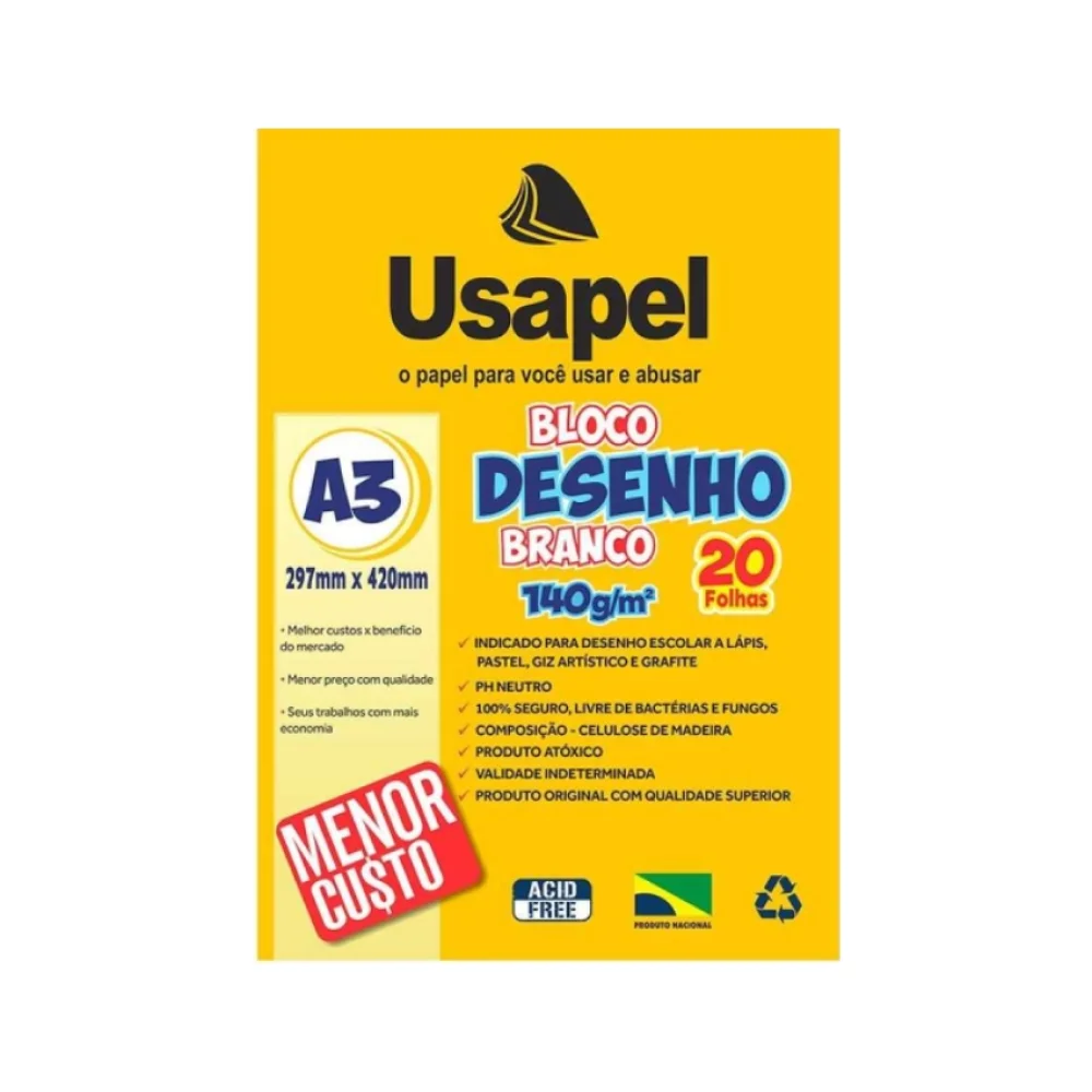 BLOCO A-3 DESENHO 140G BRANCO C/ 20 FLS 25059 USAPEL