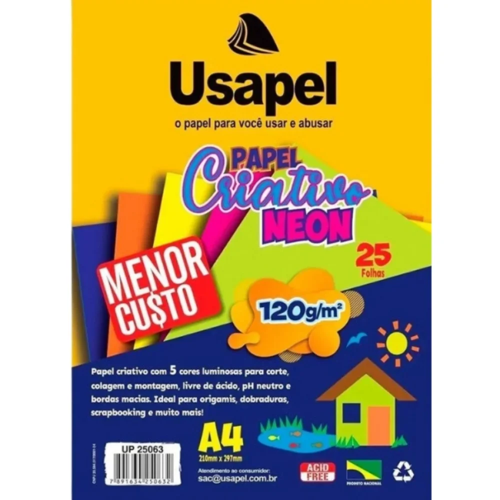 PAPEL A-4 CRIATIVO 120G NEON C/ 5 CORES 25 FLS 25063 USAPEL